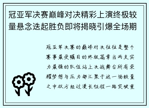 冠亚军决赛巅峰对决精彩上演终极较量悬念迭起胜负即将揭晓引爆全场期待