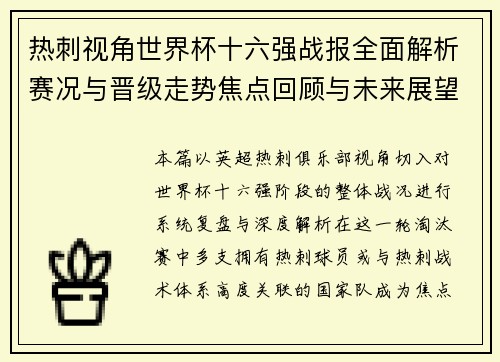 热刺视角世界杯十六强战报全面解析赛况与晋级走势焦点回顾与未来展望